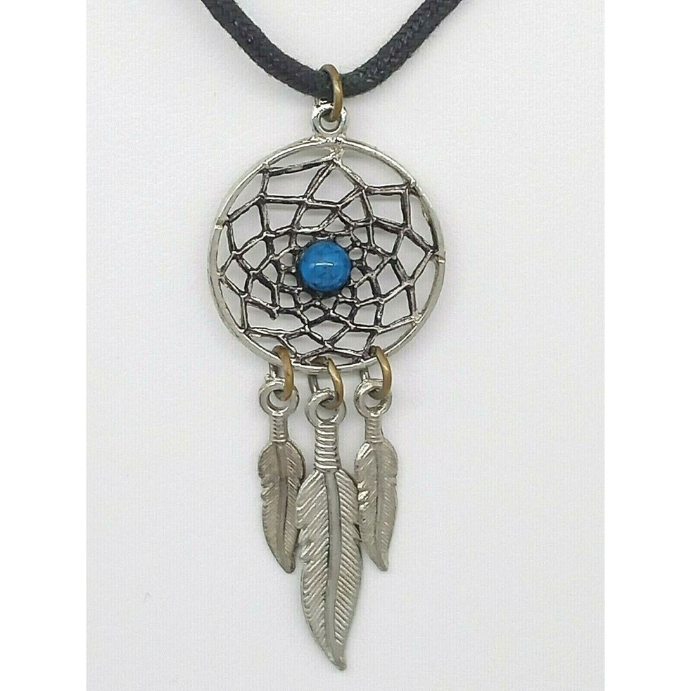 Dream Catcher Pendant Necklace Faux Turquoise Feathers Silver Tone Black Cord